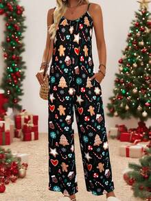 Women's Christmas Gingerbread Print Spaghetti Strap Jumpsuit, Festive Christmas Cookie Fashion Gingerbread Print Clothing, Ideal For Holiday Parties & Casual, Must - Have Winter Outfit, Stylish Xmas Clothes,Fashion Christmas Clothes ,Casual Fall Women Clothes - Black - View 2