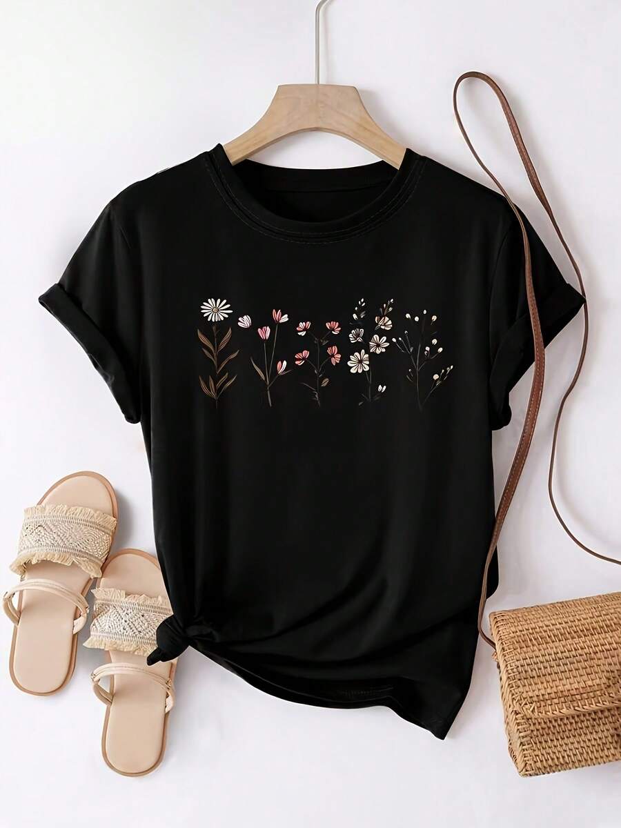 Women's T-Shirt Feather Glasses Print Round Neck T-Shirt, Spring Summer Comfortable Short Sleeve Casual Top, Women's Short Sleeve T-Shirt - White - View 1