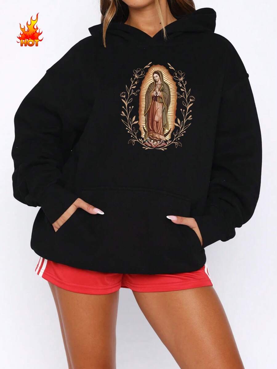 Our Lady Of Guadalupe Virgin Mary Fleece Hoodie, Mother Hoodie, Latina Hoodie Gift For Catholic Mom, Vintage 90s Y2K - Soft, Breathable Crew Neck, Lightweight & Comfortable Casual Summer Wear, Women's Tops, White - Black - Fleece Hoodie - 查看 1