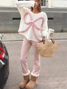 ملابس علوية كبيرة الحجم بتصميم عقدة ثلاثية الأبعاد مزخرفة، قطعة محبوكة بشكل سميك مع أكتاف منسدلة، ملابس الشارع، متعددة الاستخدامات#عقدة رومانسية