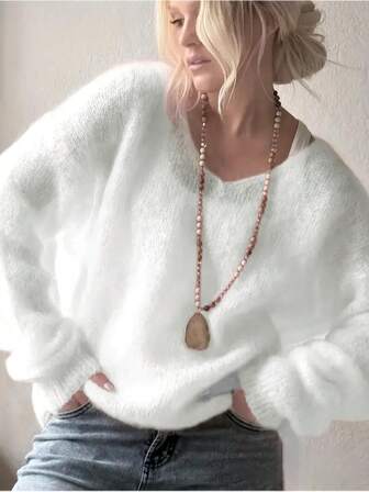 Women's Mohair Blend Sweater | Pastel Pink V-Neck Pullover For Autumn/Winter | Soft Drop Shoulder Knit Top, Suitable For Cool Weather And Everyday Wear, Cozy & Warm