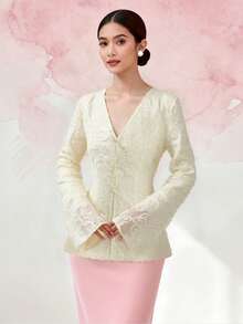 Kebaya For Women,Bell Sleeve Blouse,Ladies' Elegant Temperament And Fashionable Long Sleeved Top,Apricot Top - Apricot - View 3
