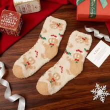 1 Pair Unisex Gingerbread Coral Fleece Socks, Comfortable Warm Mid-Calf Socks With Holiday Patterns, 95% Polyester, 5% Spandex, Suitable For Home Wear And Holiday Gifts - Multicolor - View 5