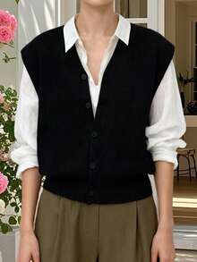 Women's Knit Sweater Vest Fashionable Versatile Solid Color Sleeveless V Neck Button Down Cardigans - Black - View 3