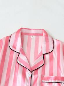 女士夏季两件套缎面条纹短袖翻领上衣和蝴蝶结条纹短裤睡衣套装 - 粉色 - 查看 3