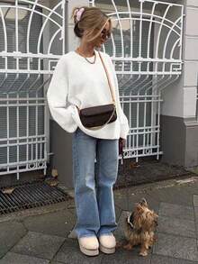 FOR BEAUTY Women's Spring/Autumn/Winter New Knitted Pullover, Simple And Elegant Casual Style, White Round Neck Long Sleeve Sweater New Year