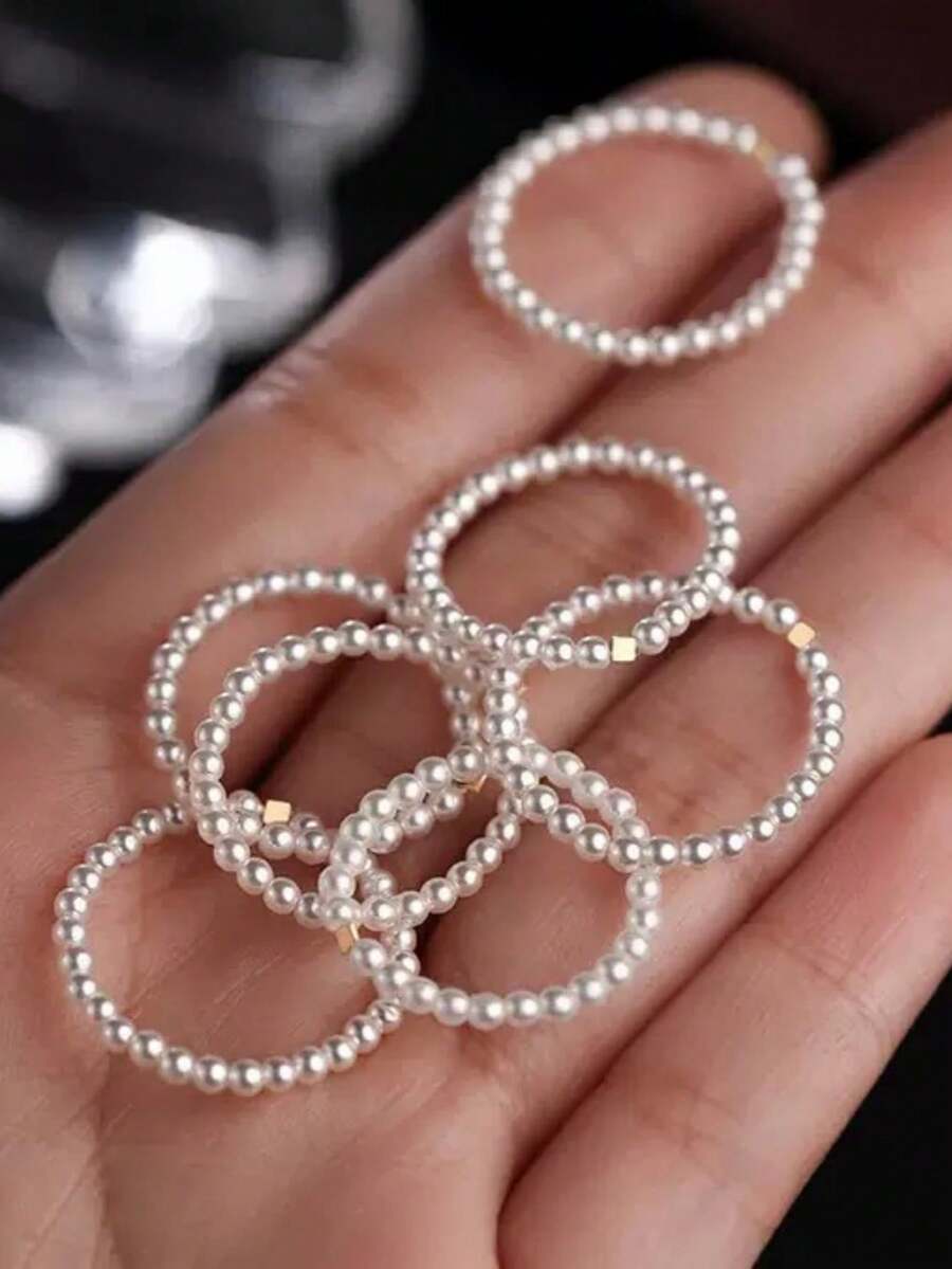 925 Sterling Silver Pearl Beaded Rings, Minimalist Stacking Rings, Delicate Luxury Women Finger Rings