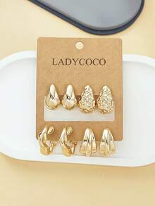 LADYCOCO 4對優雅金色水滴/幾何C型耳環套組 女款 - 適合日常配戴與送禮 (耳針為鈦金屬，材質較軟，運輸過程中可能會彎曲，收到後可手動拉直，謝謝!!) - 金色 - 查看 5