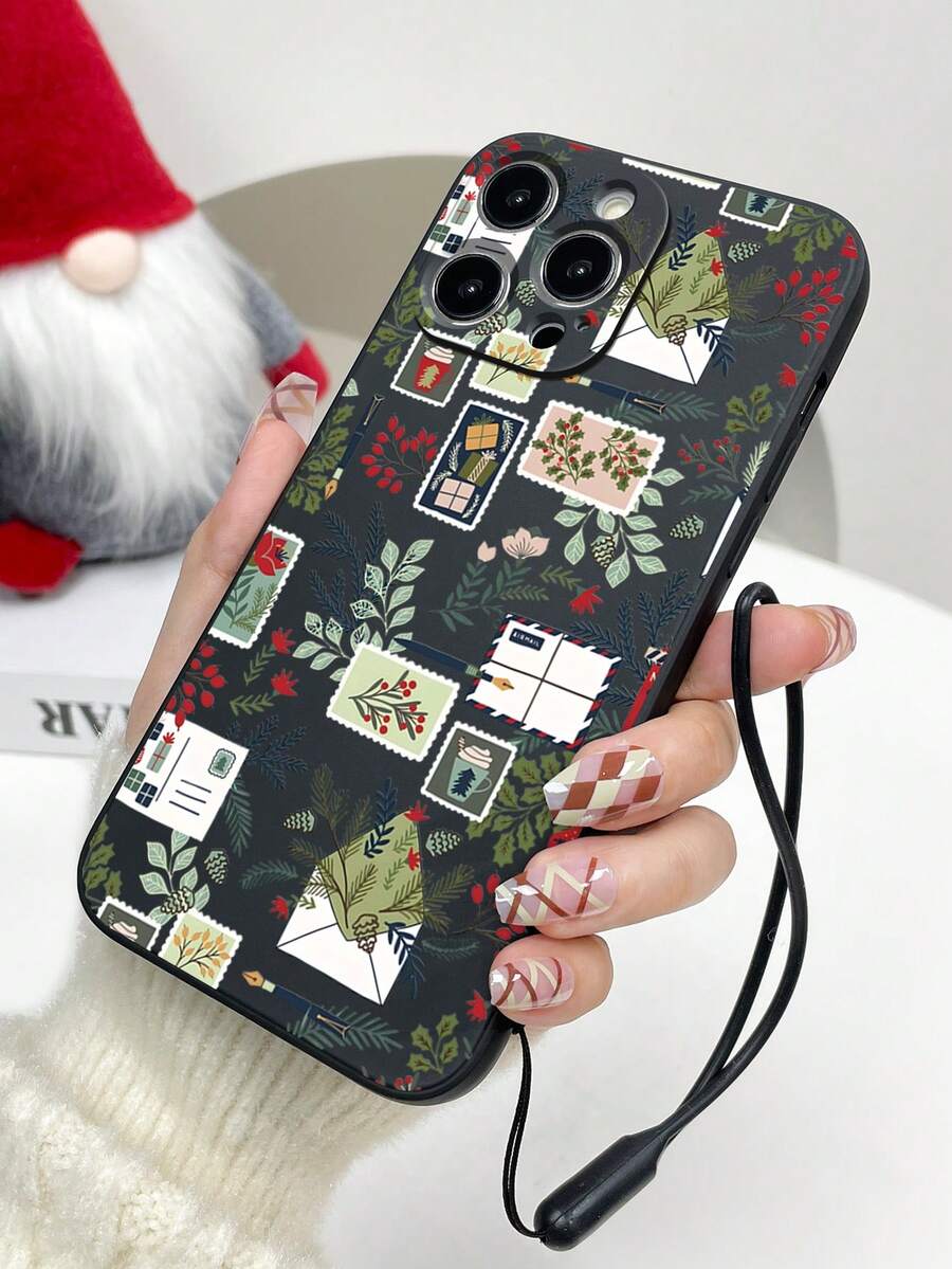 1 Stück modischer Weihnachts-Stempel-Muster Handyhülle mit matter Oberfläche und Handschlaufe, kompatibel mit Apple iPhone11/12/13/14/15/16/16PRO/16PROMAX, GalaxyA05/A15/A25/A35/A53/A54/A55/S23/S24