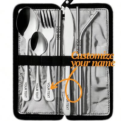 Zestaw 9 szt. wielorazowych sztućców podróżnych ze stali nierdzewnej, zawiera nóż, widelec, łyżkę, pałeczki, słomkę, z etui zapinanym na zamek błyskawiczny, odpowiedni na kemping i piknik