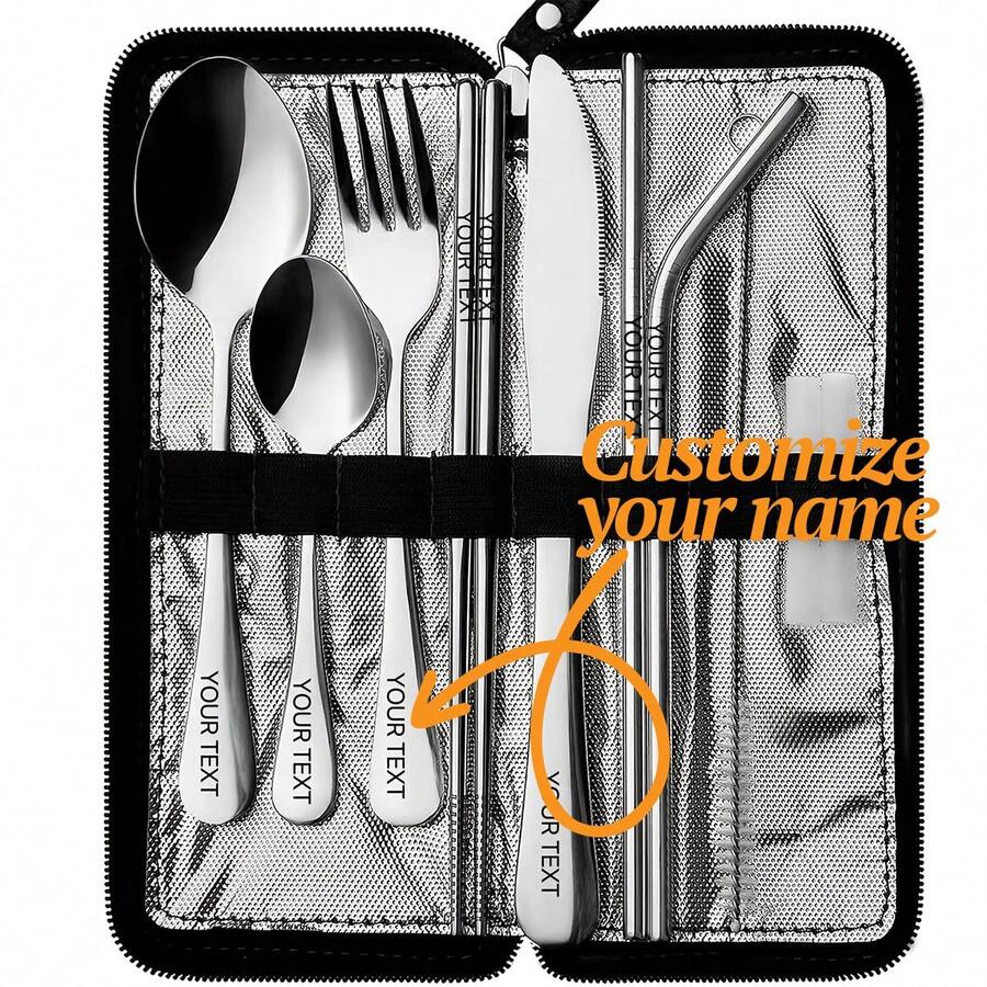 9pcs Stainless Steel Reusable Portable Travel Cutlery Set, Includes Knife, Fork, Spoon, Chopsticks, Straw, With Zipper Pouch, Suitable For Camping And Picnics