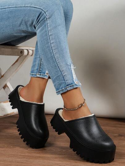 Girl's Fashion Non-Slip Wear-Resistant Comfortable Soft-Soled Plush-Lined Warm Round Toe High Heel Slip-On Thick-Soled Bedroom Slippers, Casual Indoor/Outdoor Daily Wear Home Use Winter Thermal Lined Teenager House Slippers