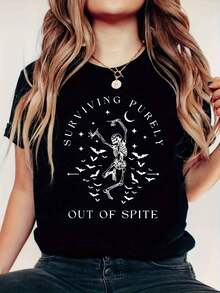 1pc Camiseta de cuello redondo para mujer con estampado de esqueleto "Sobreviviendo puramente por despecho", camiseta casual de punto de manga corta con ligero estiramiento, ropa deportiva para todas las estaciones. - Negro - Ver 2