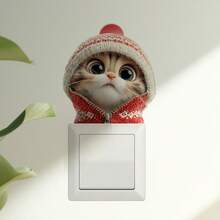Pegatinas de PVC con diseño de gato lindo con gorro de Navidad de punto para decoración navideña del hogar, fácil de pegar sin dejar residuos, removible y autoadhesivo para baño, puertas de vidrio y interruptores de luz, diseño festivo de gato de ojos grandes y forma asimétrica para un ajuste perfecto, pegatinas de PVC estilo de dibujos animados para decoración navideña de ventanas