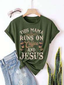 Shirt Letter Coffee Print Women's Short Sleeve Summer Fit Round Neck T-Shirt Loose And Comfortable Benito Bowl Tops - 磚紅色 - 查看 9