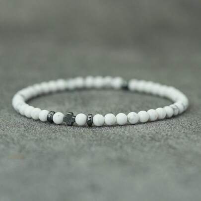 diffone 4mm Natural Stone Bracelet, Men's Hematite Cross & Rice Bead Bracelet, Gift For Boyfriend, Yoga Accessory