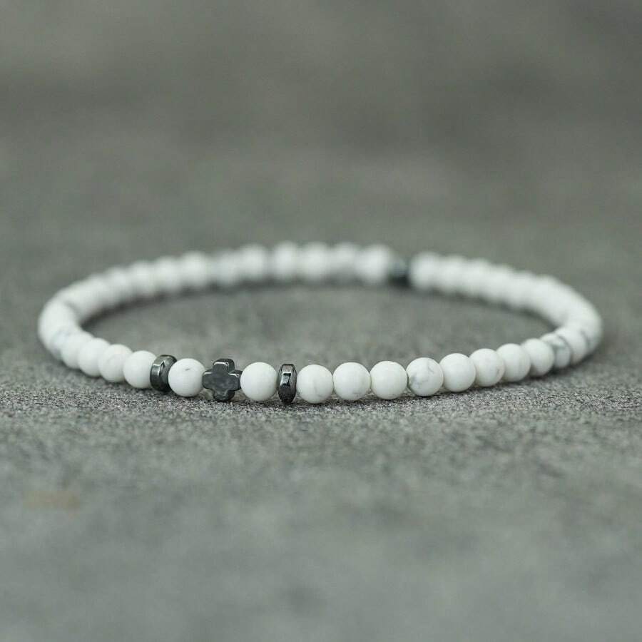 diffone Vòng tay đá tự nhiên 4mm, vòng tay nam mặt dây chuyền hình thánh giá và hạt gạo bằng đá hematit, quà tặng cho bạn trai, phụ kiện yoga. - trắng - Xem 1