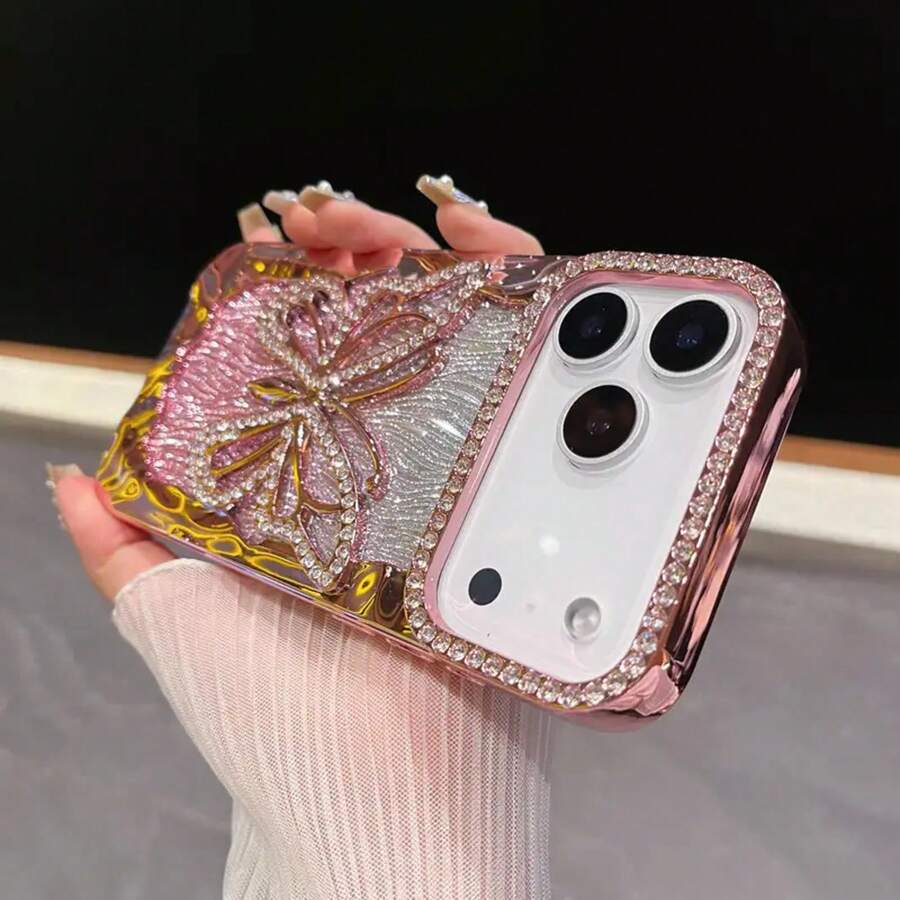 クリエイティブなグリッターフォンケース、ダイヤモンド装飾の蝶デザインが特徴で、アップル15プロマックスにぴったりの高級感と保護カバー付き - グラデーションピンク - チェックする 1