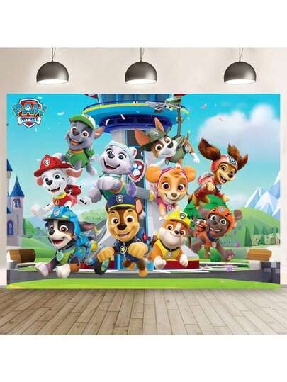  1 pieza Paño telón de fondo de cumpleaños con diseño de perrito lindo con licencia de PAW Patrol, suministros de decoración para fiesta de vacaciones, escenario de ambientación, pancarta de cumpleaños de dibujos animados de PAW Patrol