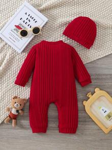 [Niño pequeño] Conjunto de 2 piezas de mono de otoño/invierno, con tela acanalada en color burdeos, cierre delantero para facilitar el vestido, gráfico adorable de oso en el pecho, gorro a juego, cálido y lindo para uso diario - Rojo - Ver 2