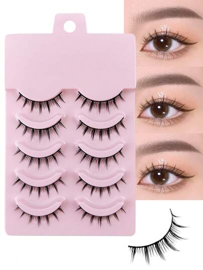 Hinarin 5 Pairs Manga Lashes Comic Design Full Strip Lashes Natural Wispy Soft False Eyelashes Anime Eye Pointed Fake Eyelashes Makeup Effect Daily Wear Fake Lashes