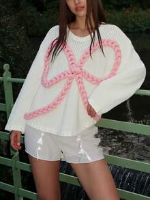 ملابس علوية كبيرة الحجم بتصميم عقدة ثلاثية الأبعاد مزخرفة، قطعة محبوكة بشكل سميك مع أكتاف منسدلة، ملابس الشارع، متعددة الاستخدامات#عقدة رومانسية