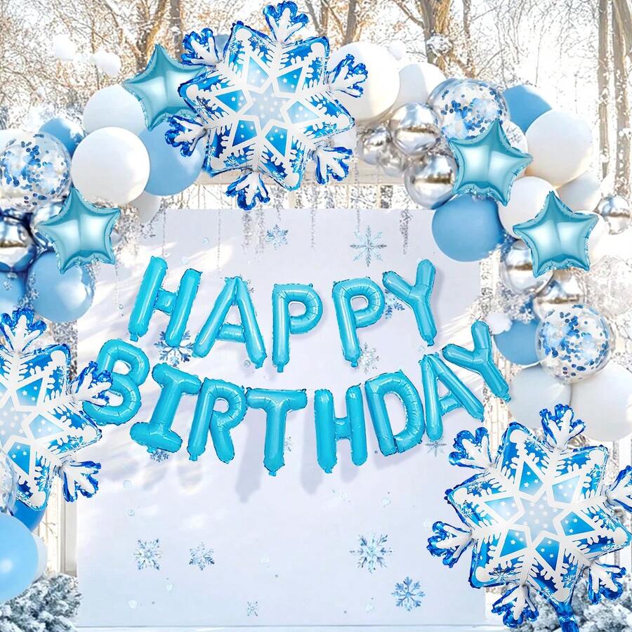 35pcs/Set Ice Blue Theme Party Decorations Balloons, Birthday Balloon Set Including Happy Birthday Banner, Snowflake Foil Balloons, Star And Confetti Latex Balloons, For Ice & Snow Theme Birthday Decor, Princess Party, Frozen Winter Wonderland Birthday Party Supplies, Christmas, New Year - Multicolor - View 1