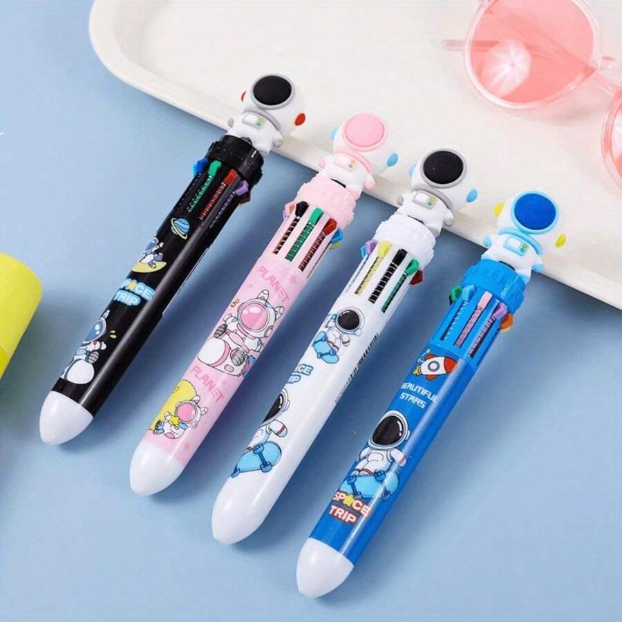 Bolígrafo multicolor de 10 en 1 con diseño de astronauta y dibujos animados del espacio, ideal para niños y estudiantes - Blanco - Ver 1