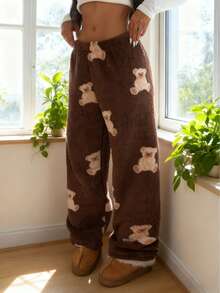 Quần ống rộng in hình gấu dễ thương lót nhiệt cho nữ, ấm áp, thoải mái cho mùa đông, mềm mại, ấm áp - Cà phê nâu - Xem 4