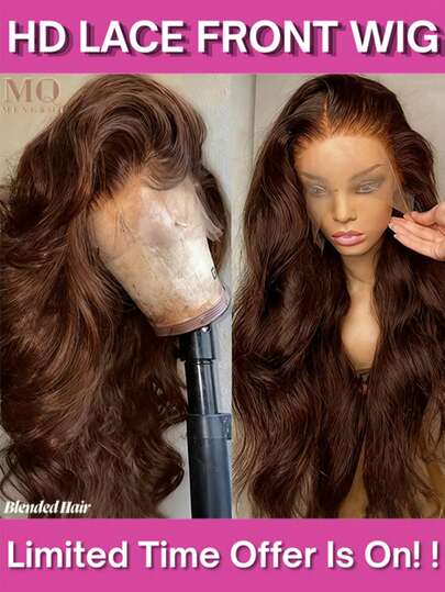 باروكة شعر برازيلي عذراء طبيعي 34 بوصة، لون بني شوكولاتة، كثافة 200%، خط شعر طبيعي بدون غراء، باروكة بني مخلوطة بشعر طبيعي 13x4 أمامية من الدانتيل HD، مع شعر طفل، موجة جسم بني مخلوطة بشعر طبيعي للنساء