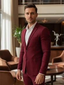 Men's Set Blazer Pants Slim Suit Formal Fashion - Maroon - View 3