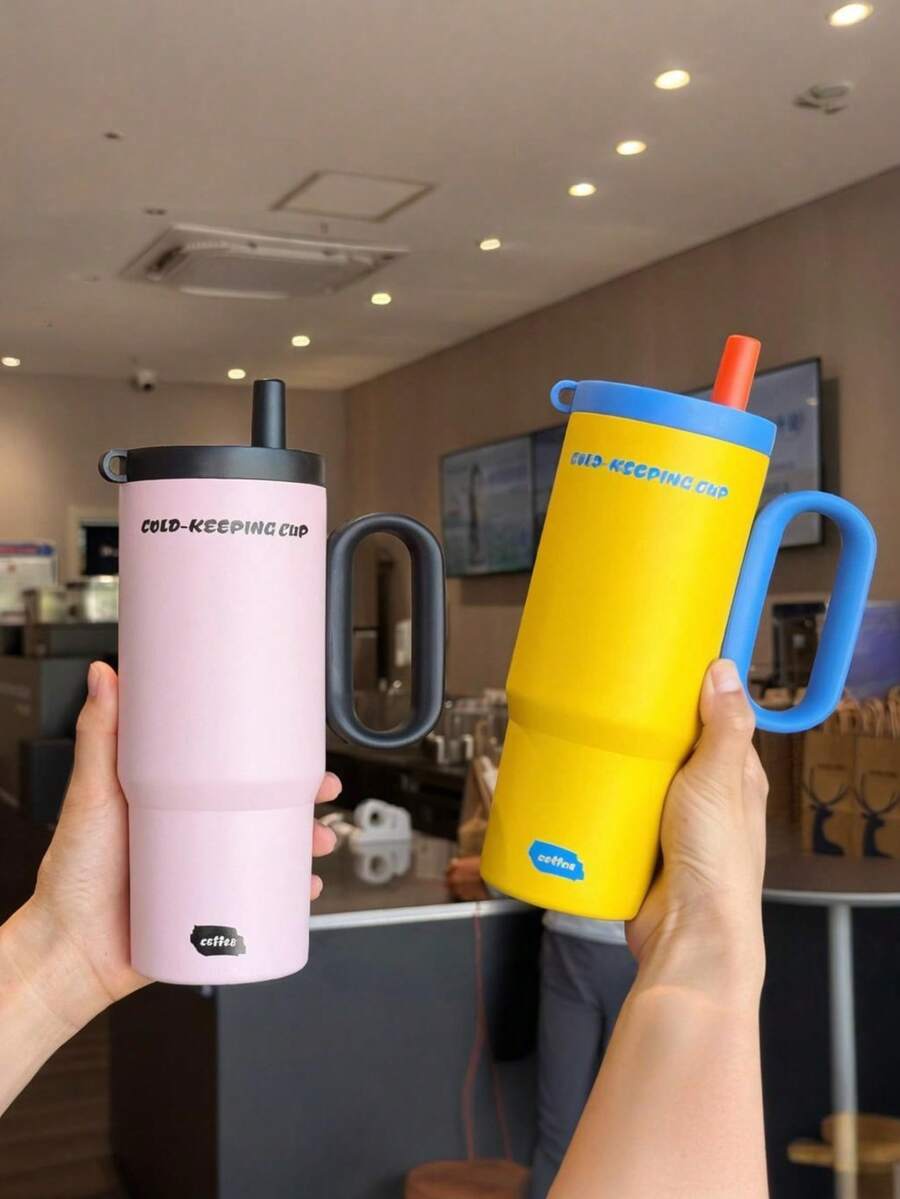 不锈钢保温冰王杯，时尚吸管杯带手柄，大容量保温杯，适合车载旅行、户外使用，316不锈钢保温杯，情人节礼物，阳光旅行，返校季礼物，圣诞节礼物，斋月礼物 - 彩色 - 查看 1