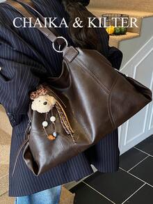 CHAIKA & KILTER 1 件纯色 PU 面料单肩包，女士复古休闲大容量手提包，大学生书包，缝线和铆钉装饰，双手柄设计，拉链开合，适合日常购物（带吊坠出售） - 咖啡 - 查看 8