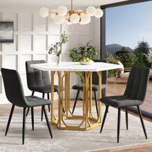 Hexagonal Marble Table (1 Piece) Hexagonal Kitchen Table Breakfast Table Metal Legs Marble Pattern Gold - Gold - View 3