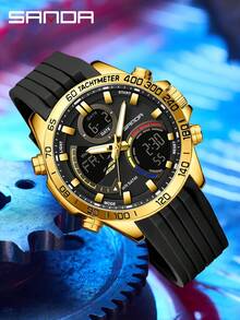 Reloj de moda para hombres Sanda 6269 electrónico, resistente al agua, con alarma y multifunción, con correa de acero - Dorado - Ver 4
