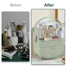 Women's Cosmetics Storage Box, Desktop Display Cosmetic Box With Handle, Lid And Drawer, Bathroom And Dressing Table Cosmetic Storage Container - 淺綠 - 查看 6