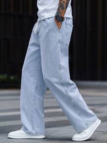 宽松直筒牛仔裤，时尚水洗棉质牛仔布，男士休闲直筒阔腿松紧腰牛仔裤，情侣款礼物