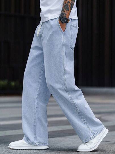 Loose Straight Leg Jeans, Fashionable Washed Cotton Denim, Casual Straight Wide Leg Elastic Waist Jeans For Men, Couple Matching Gift