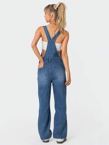 Women's Retro American Style Washed Blue Denim Overalls, Comfortable Non-Stretch Casual Jeans - Blue - View 5