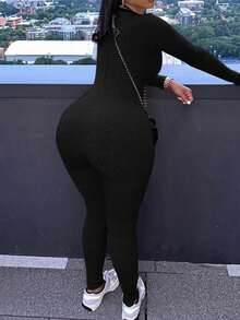 Women's Solid Color Ribbed Knit Long Sleeve Jumpsuit, Tight Fit, Spring/Autumn - Black - View 2
