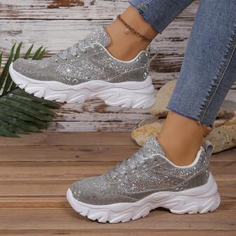 女士公路跑鞋，轻便透气银色时尚前卫厚底鞋，镜面抛光稳定舒适的气垫户外步行运动鞋