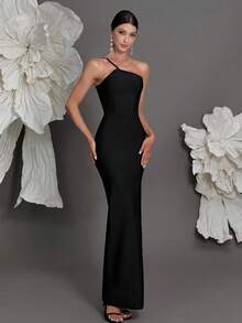 Vestido ajustado de punto con un hombro, con abertura alta sexy, adecuado para reuniones familiares, fiestas, banquetes y ocasiones formales, elegante - Negro - Ver 4