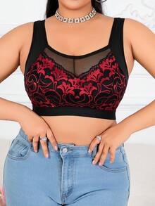 Plus Size Red Leaf Lace Patchwork Wireless Bra, Soft And Skin-Friendly Fabric - Red - View 5