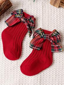 1双女婴红色圣诞袜，儿童纯色格子蝴蝶结腿套，柔软舒适，适合0-3岁幼儿女童 - 紅色 - 查看 10
