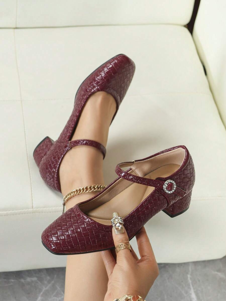 Women's Square Toe Casual Comfortable Rhinestone Buckle Chunky Heel Soft Bottom Work Shoes - Red - View 1