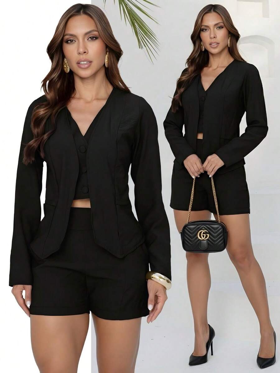 TETE FASHION Women's Tailored Set Double Vest Formal Shorts - BLACK MG - View 1