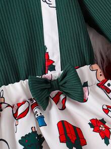 Christmas Girls Ruffle Bow Dress, Snowman Candy Cane Christmas Tree Print Dress - Green - View 5
