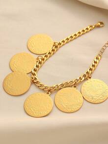 1pc Vintage Chunky Copper Alloy Gold Plated 6-Coin Tassel Bracelet, Suitable For Women's Daily Wear And Holiday Gifts