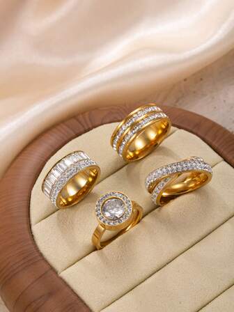 4pcs Elegant Stainless Steel Gold-Tone Women's Rhinestone Rings, Suitable For Daily Wear, Festivals, Dates, Engagements, Weddings