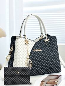 Bộ hai túi xách mẹ và con gái phổ biến năm nay, túi xách nữ cổ điển dung tích lớn thường ngày, túi xách nữ cao cấp theo phong cách khí chất lão thị - Đen và trắng - Xem 5